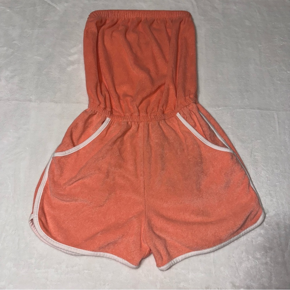 Coral Terry Cloth Strapless Athletic Shorts Romper